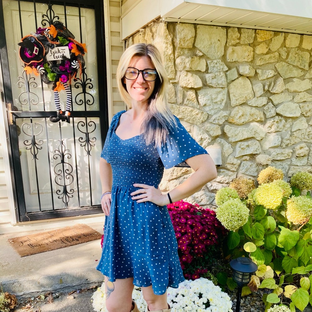 Beautiful Blue Polka Dot Mini Dress, flowy, and perfect for any occasion.